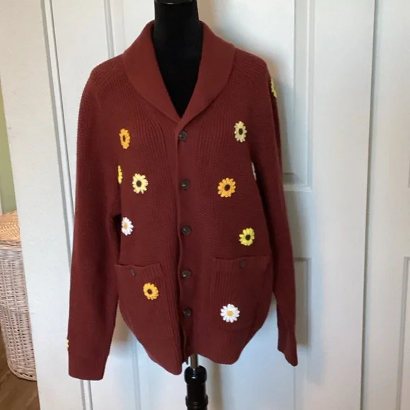 Duluth Rust Brown Floral Appliqué Cardigan Sweater L - Picture 1 of 9